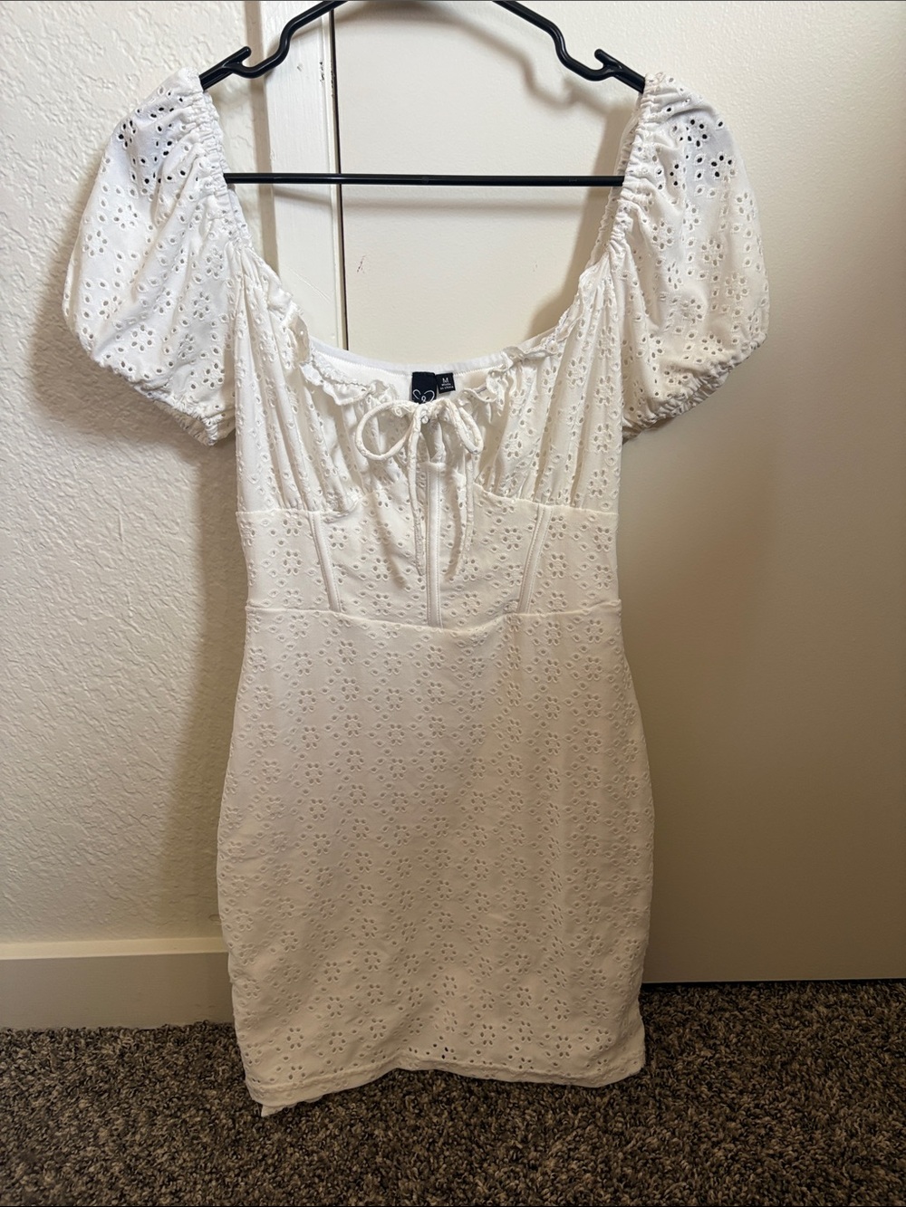 Windsor White Eyelet Tie-Front Puff-Sleeve Mini Dress